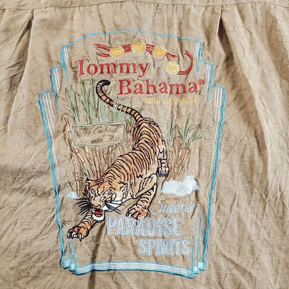 Tommy Bahama Shirt Mens XL Tan Silk Short Sleeve Paradise Spirits Button Down - Picture 11 of 13